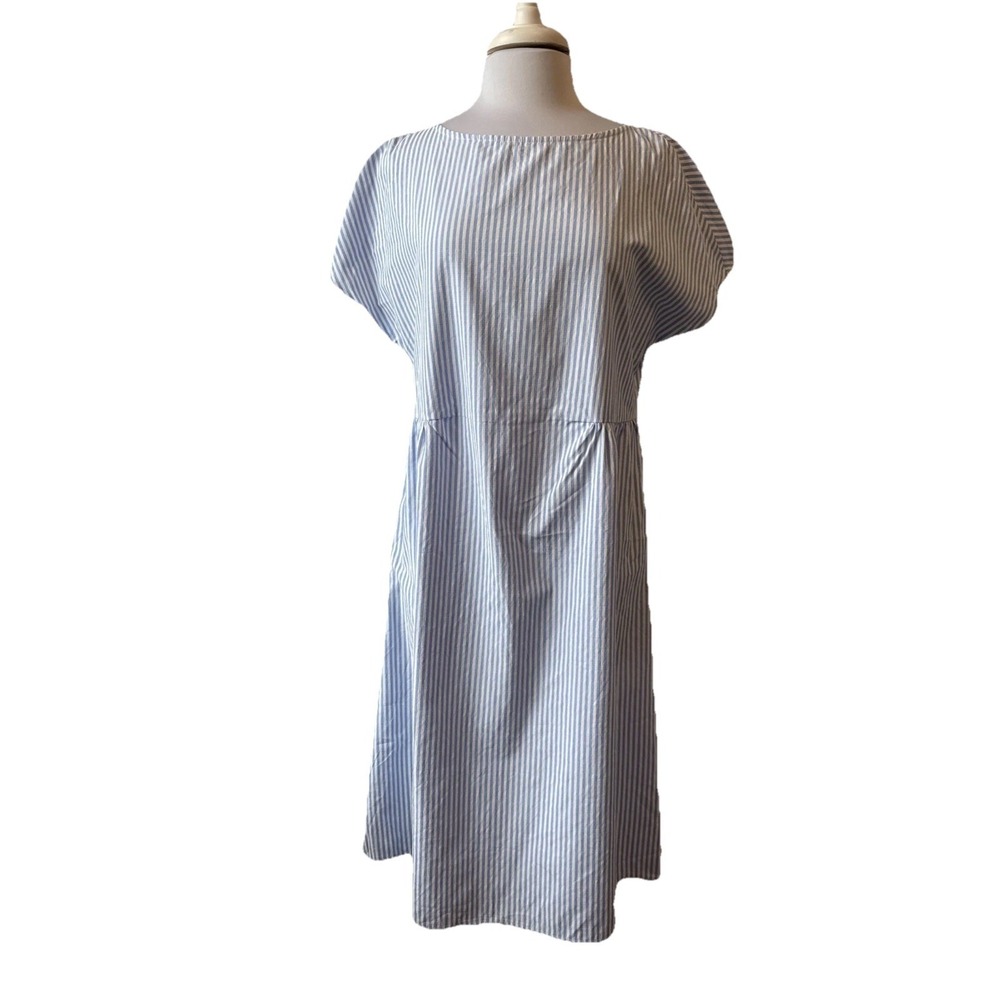 Coastal Blue White Stripe Short Sleeve Dress Oversized L Nautical Lagenlook Boho